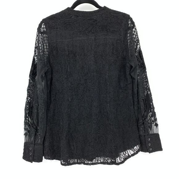 Soft Surroundings Button Front Lace Blouse Womens Sz M Sheer Long Sleeves Black - Picture 2 of 6